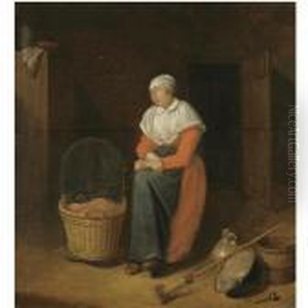 An Interior With A Woman Sitting By A Cradle by Quiringh Gerritsz. van Brekelenkam