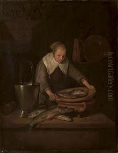 A Young Maid Preparing Fish In A Kitchen Oil Painting by Quiringh Gerritsz. van Brekelenkam