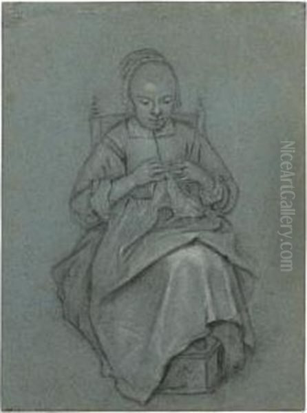 A Seated Young Woman Embroidering A Cloth, Her Feet Resting On A Foot-warmer Oil Painting by Quiringh Gerritsz. van Brekelenkam