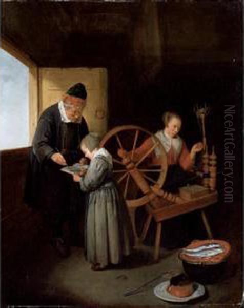 Interior With A School Master 
Teaching A Young Girl To Read Another Girl At A 
Spinning Wheel Oil Painting by Quiringh Gerritsz. van Brekelenkam