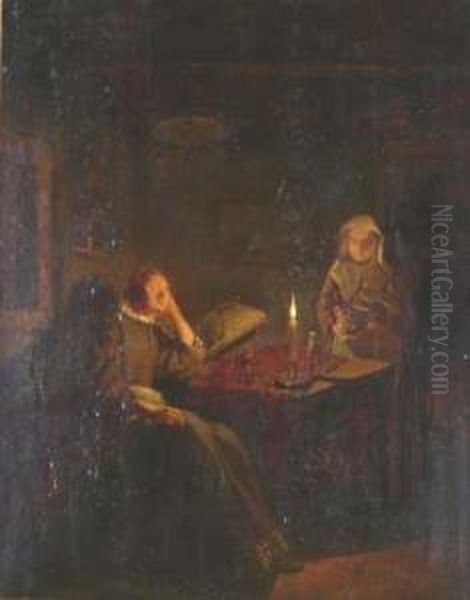 A Woman Resting At A Table In A Candlelit Interior, Another Bearing A Clay Pot Nearby Oil Painting by Quiringh Gerritsz. van Brekelenkam