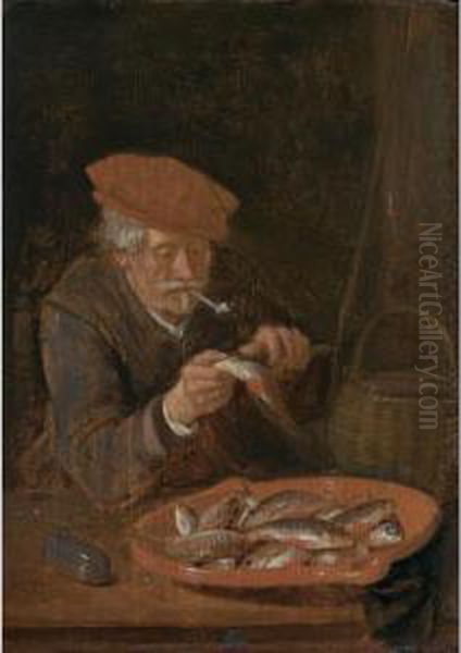 A Man Scaling Fish Oil Painting by Quiringh Gerritsz. van Brekelenkam