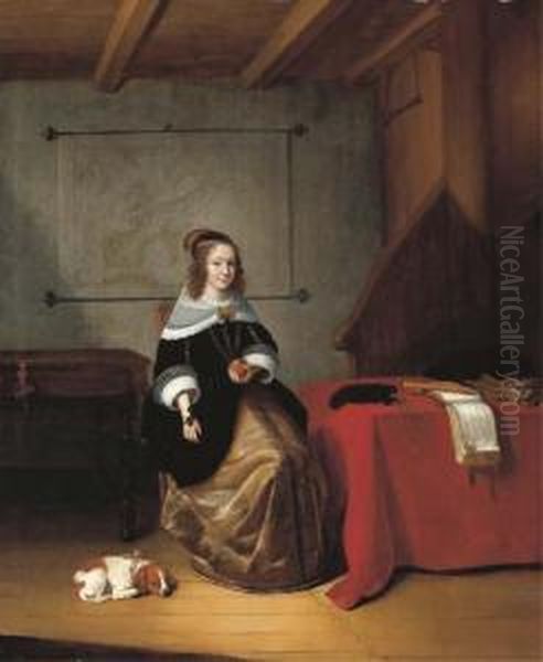 An Interior With A Woman Seated 
Holding An Orange By A Drapedtable, A Dog At Her Side, A Map Of Europe 
And A Spinet Behind Oil Painting by Quiringh Gerritsz. van Brekelenkam