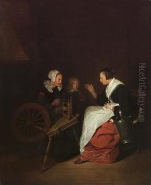 A Cottage Interior With A Woman At A Spinning Wheel With A Young Boy And A Maid Oil Painting by Quiringh Gerritsz. van Brekelenkam