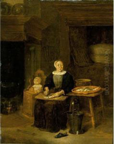 An Interior With A Woman Scaling
 Fish Together With A Child In A High Chair Near A Fireplace, A Bed In 
The Background Oil Painting by Quiringh Gerritsz. van Brekelenkam