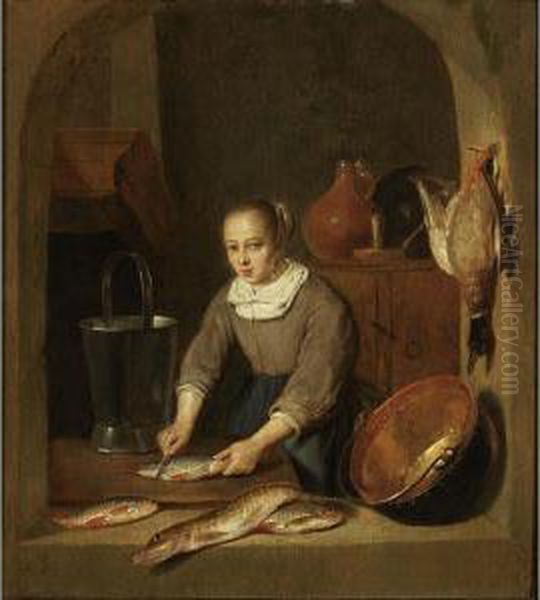 A Maid Scaling Fish Seen Through A Window Oil Painting by Quiringh Gerritsz. van Brekelenkam