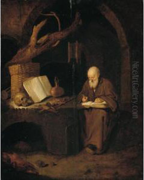 A Hermit Writing Oil Painting by Quiringh Gerritsz. van Brekelenkam