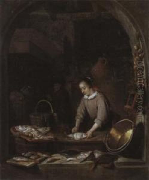 Kucheninterieur Mit Fischschneidender Magd Oil Painting by Quiringh Gerritsz. van Brekelenkam