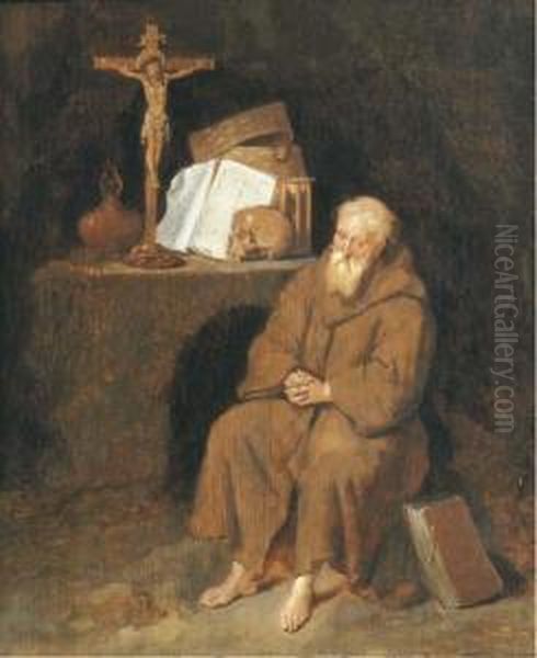 A Hermit Seated By An Altar In A Grotto Oil Painting by Quiringh Gerritsz. van Brekelenkam