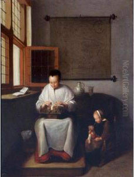 A Woman Making Lace With A Small Child Beside Her Oil Painting by Quiringh Gerritsz. van Brekelenkam