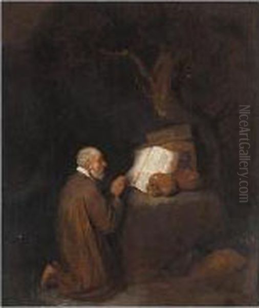 A Study Of A Hermit Kneeling Before An Open Book And Skulls Oil Painting by Quiringh Gerritsz. van Brekelenkam