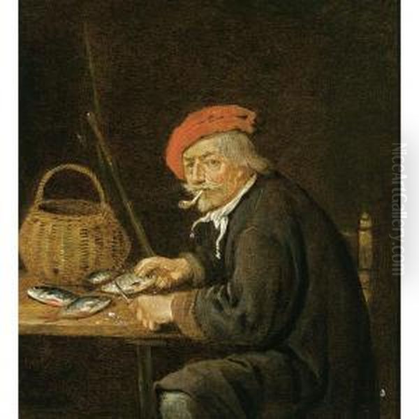 A Man Scaling Fish On A Table Together With A Basket And His Fishing Rod Oil Painting by Quiringh Gerritsz. van Brekelenkam