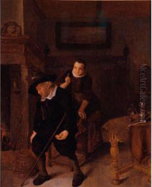 Interior Scene With A Woman Stealing From A Sleeping Man Oil Painting by Quiringh Gerritsz. van Brekelenkam