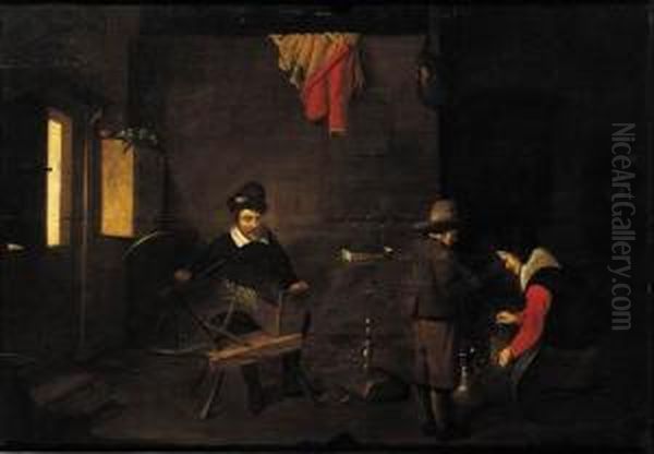 A Man At The Spinning-wheel In An Interior Oil Painting by Quiringh Gerritsz. van Brekelenkam