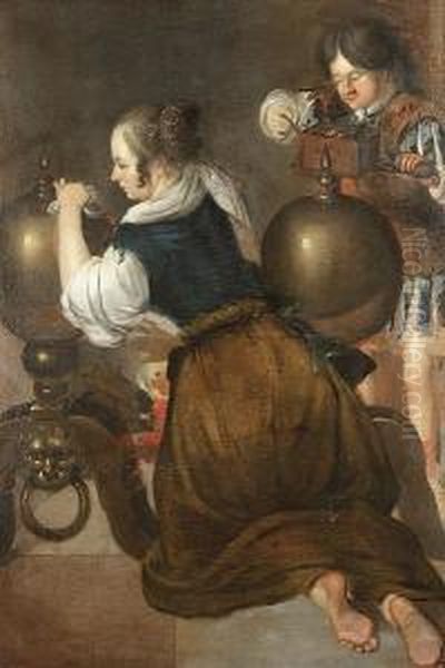 A Young Woman And A Boy Polishing Fire-dogs Oil Painting by Jan Gerritsz van Bronchorst