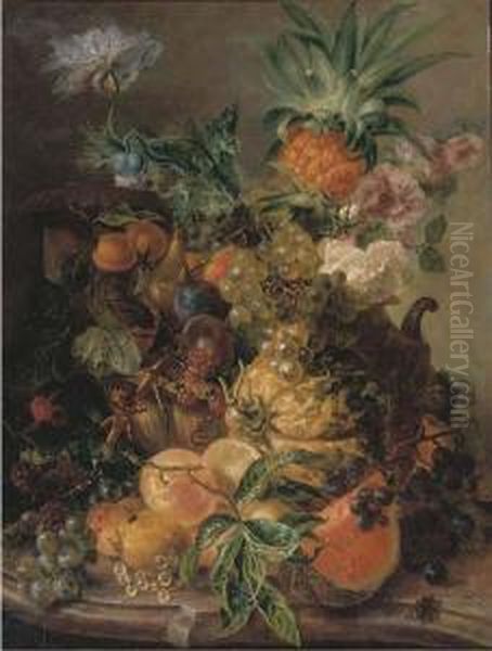 Peaches, Plums, Grapes, Lemons, A
 Melon, A Pineapple And Rosehipson A Stone Ledge With A Bee Oil Painting by Paul-Theodor Van Brussel