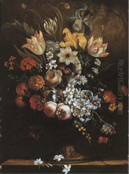 Flowers In A Sculpted Vase On A Stone Ledge Oil Painting by Paul-Theodor Van Brussel