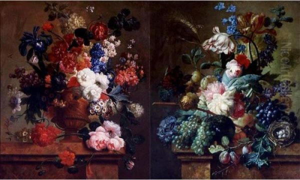 Still Lifes Of Flowers And Fruits On A Marble Ledge: A Pair Of Paintings Oil Painting by Paul-Theodor Van Brussel