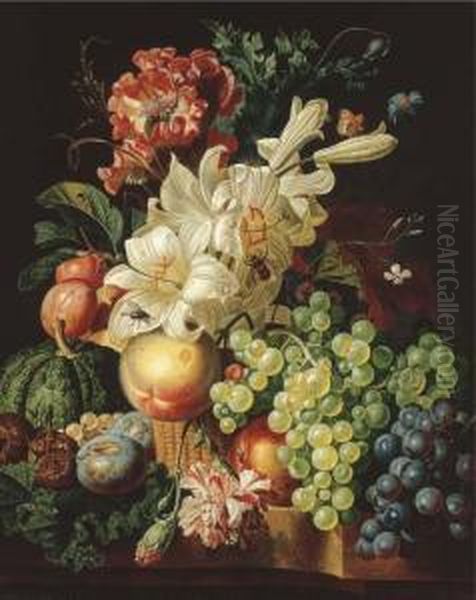 Lilies, Carnations And A Poppy In A Basket With Grapes Oil Painting by Paul-Theodor Van Brussel