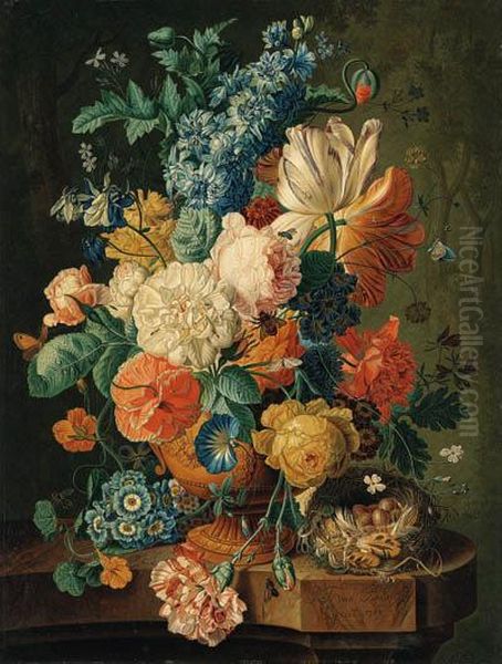 Tulips, Hollyhocks, Poppies, 
Carnations And Other Flowers In Anurn, With A Tortoiseshell Butterfly, 
Corn, A Walnut, And Hazelnutson A Marble Ledge; And Grapes, Corn, 
Peaches, Plums, Raspberries,tulips, Roses, Morning Glory And Other 
Flowers, Butte Oil Painting by Paul-Theodor Van Brussel