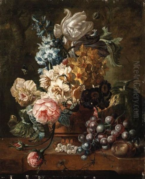 Roses, Tulips, A Hyacinth And 
Other Flowers In A Terracotta Vasewith A Melon, Grapes And Plums On A 
Marble Ledge Oil Painting by Paul-Theodor Van Brussel