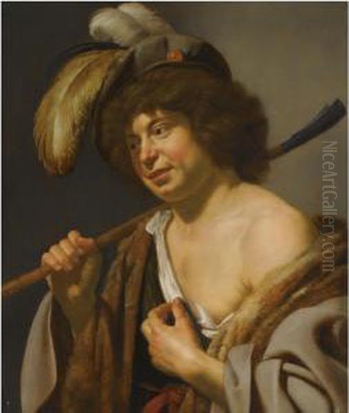 A Shepherd, Wearing A Plumed Hat, Holding A Staff In His Righthand Oil Painting by Jan Van Bijlert