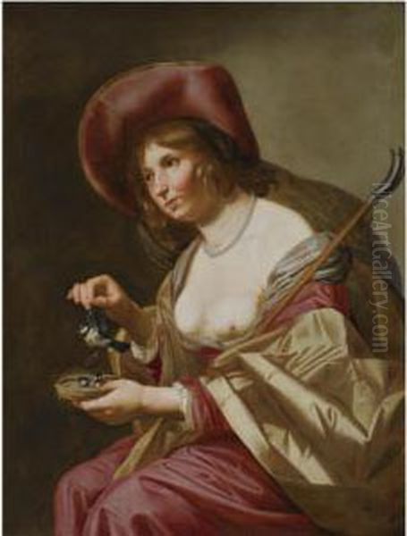 A Young Shepherdess, Seated 
Three-quarter Length, Wearing A Redand Yellow Dress And A Wide-brimmed 
Hat, Holding A Staff And Abird's Nest With Three Small Birds Oil Painting by Jan Van Bijlert