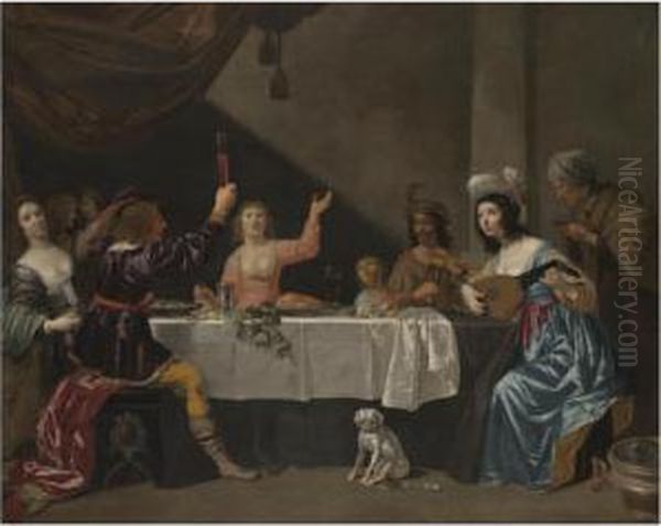 An Interior Scene With Musicians And Elegant Figures Dining Oil Painting by Jan Van Bijlert