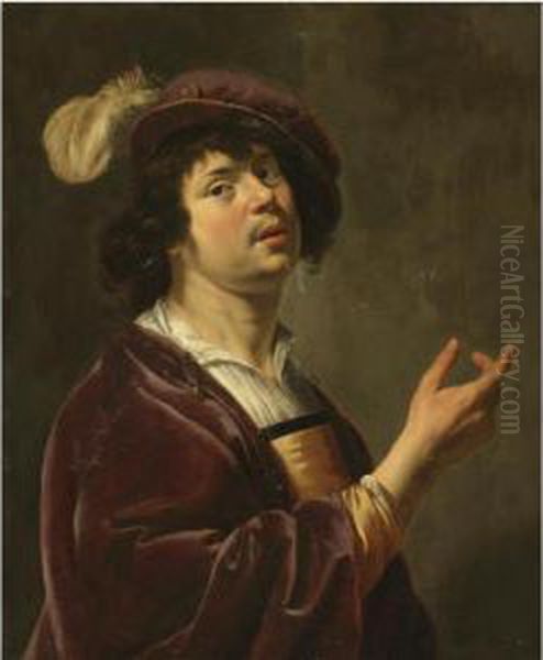 A Young Man, Half-length, Wearing A Burgundy Jacket And A Feathered Cap Oil Painting by Jan Van Bijlert