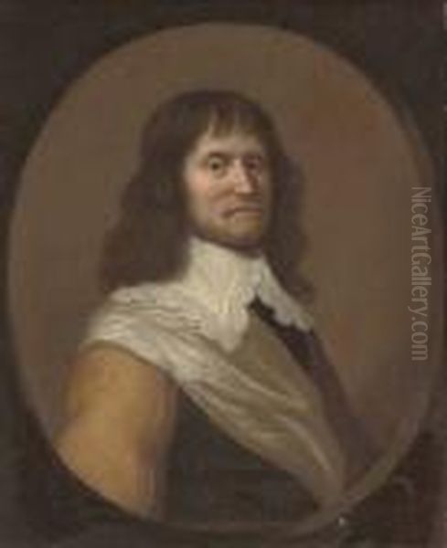 Portrait Of A Gentleman, Bust-length, In A White Sash And Collar, In A Feigned Oval Oil Painting by Jan Van Bijlert