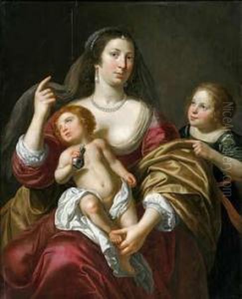 Madre Con Nino En Sus Brazos Y Una Nina. Oil Painting by Jan Van Bijlert