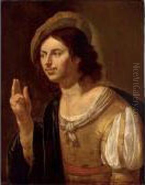 A Man, Wearing A Hat, Holding Up Three Fingers Oil Painting by Jan Van Bijlert