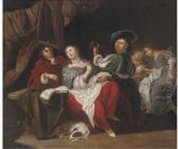 Elegant Company Making Music In An Interior Oil Painting by Jan Van Bijlert