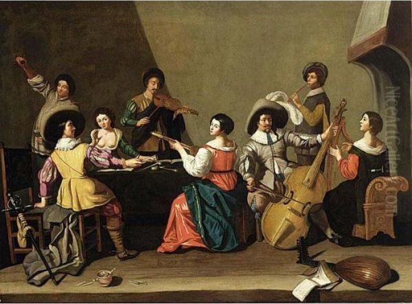 An Elegant Company Making Music Oil Painting by Jan Van Bijlert