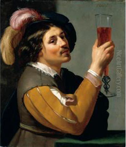 A Young Man Drinking A Glass Of Wine Oil Painting by Jan Van Bijlert