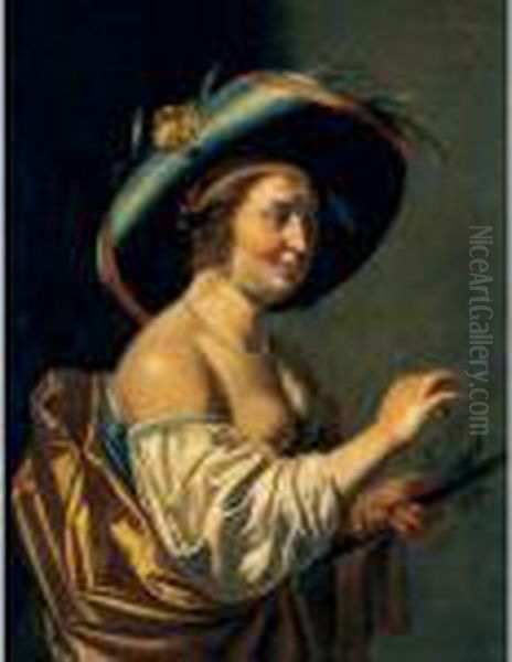 A Shepherdess, Half Length, 
Wearing A Large Blue Hat Decorated With An Iris And Holding A Staff Oil Painting by Jan Van Bijlert