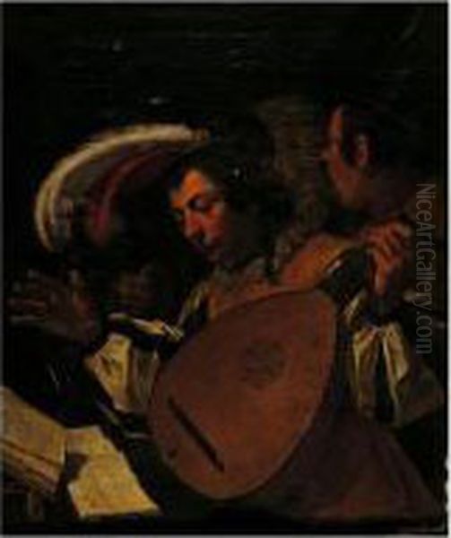 A Concert: A Young Man Playing A Lute And Singing With Two Companions Oil Painting by Jan Van Bijlert