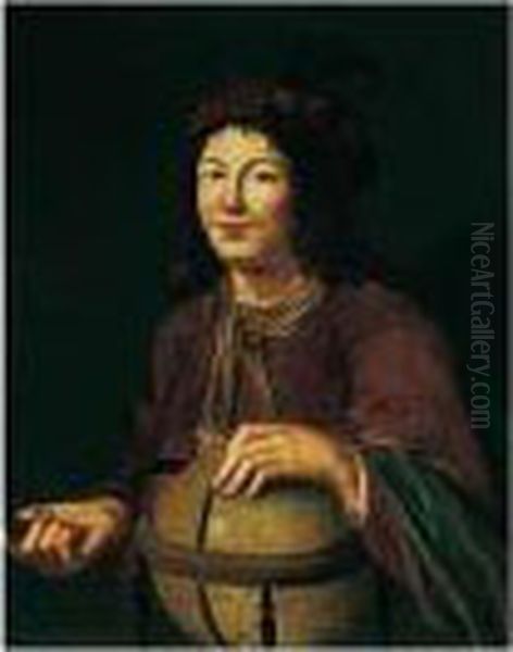 Portrait Of A Young Man, 
Probably Democritus, Three-quarter Length, Wearing Red With A Plumed 
Hat, Holding A Globe Oil Painting by Jan Van Bijlert