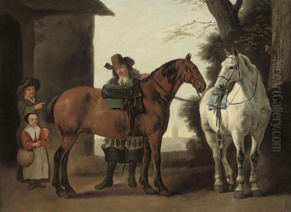 A Soldier With Two Horses And Children In A Courtyard Oil Painting by Abraham Van Calraet