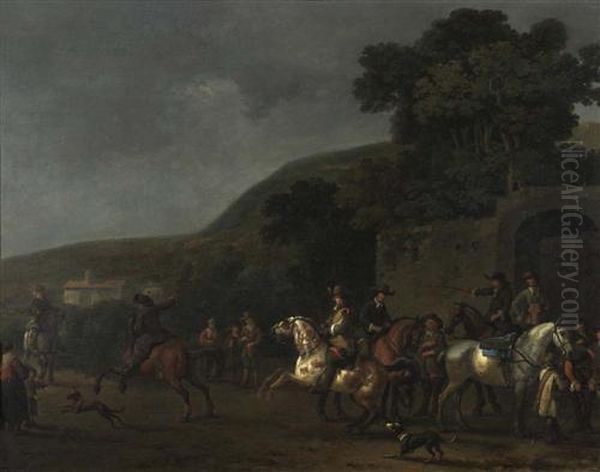 Reiter In Einer Landschaft. Oil Painting by Abraham Van Calraet