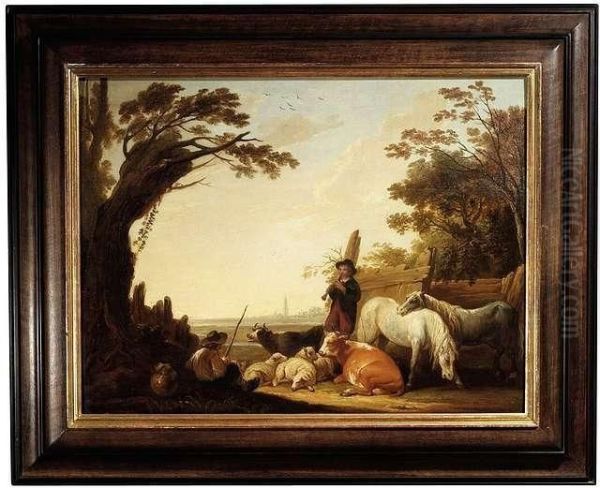 Two Shepherds With Their Cattle Oil Painting by Abraham Van Calraet