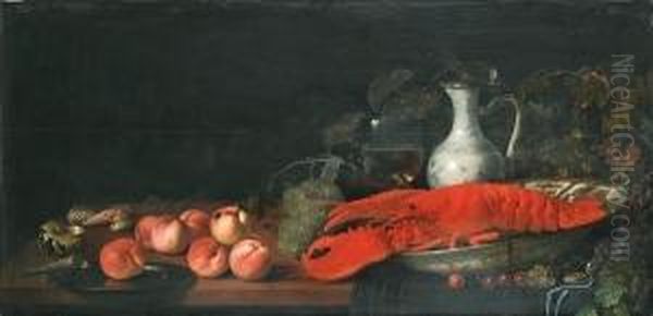 Shells And Peaches On A Draped 
Table With A Silver Charger, A Lobster In A Blue Wan-li Kraak Bowl 
Surrounded By Grapes, A Roemer And Wine Jug Behind Oil Painting by Abraham Van Calraet