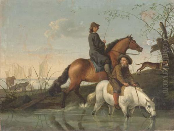 A Man On Horseback With A Boy Watering His Horse In A Stream Oil Painting by Abraham Van Calraet