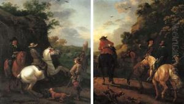 Huntsmen On Horseback With A Tower Beyond; And Huntsmen Onhorseback In A Landscape Oil Painting by Abraham Van Calraet