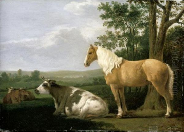 A Horse And Cows In A Landscape Oil Painting by Abraham Van Calraet