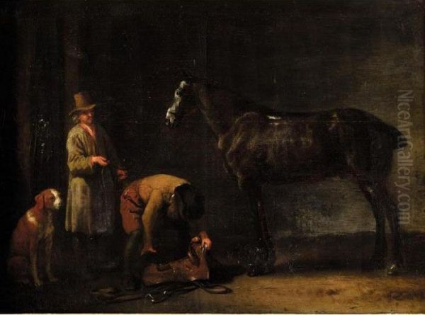 A Stable Interior With A Man Saddling A Horse And Another Man, With A Dog By His Side Oil Painting by Abraham Van Calraet