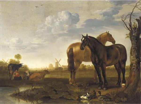 Two Horses And A Milkmaid With Cows In A Landscape With A Pond, A View Of A City Beyond Oil Painting by Abraham Van Calraet