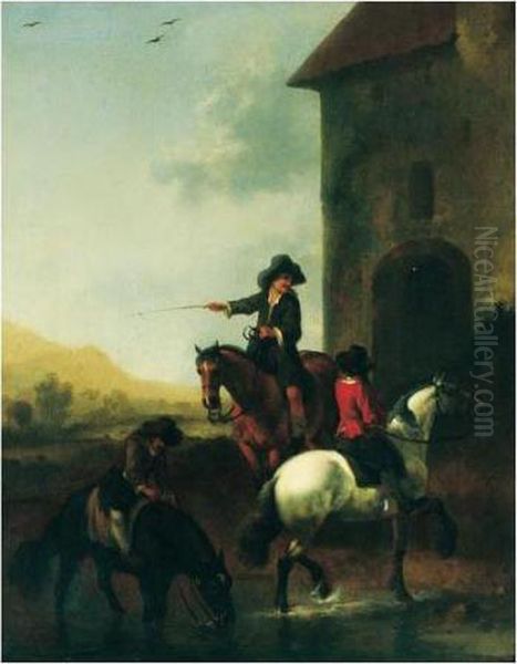 Three Horsemen By A Building In A Landscape Oil Painting by Abraham Van Calraet