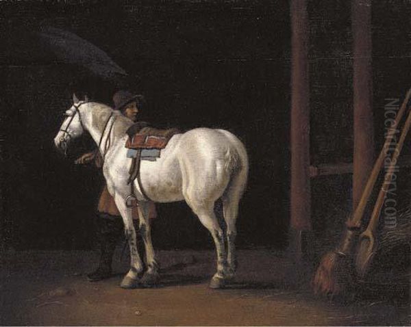 The Interior Of A Stable With A Groom And A Horse Oil Painting by Abraham Van Calraet