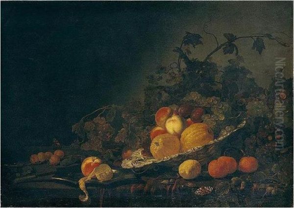 Still Life Of Quinces, Plums, 
Peaches And Grapes In A Silver Salver, Together With A Peach And A 
Peeled Lemon On A Silver Plate, A Knife, Grapes, Oranges, Lemons And 
Apricots On A Table Partly Draped With A Red Cloth Oil Painting by Abraham Van Calraet